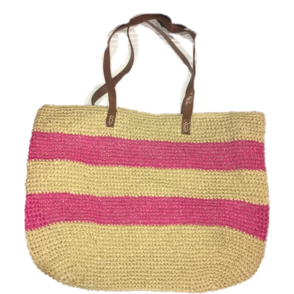 Straw Studios large tote bag beach leather straps
